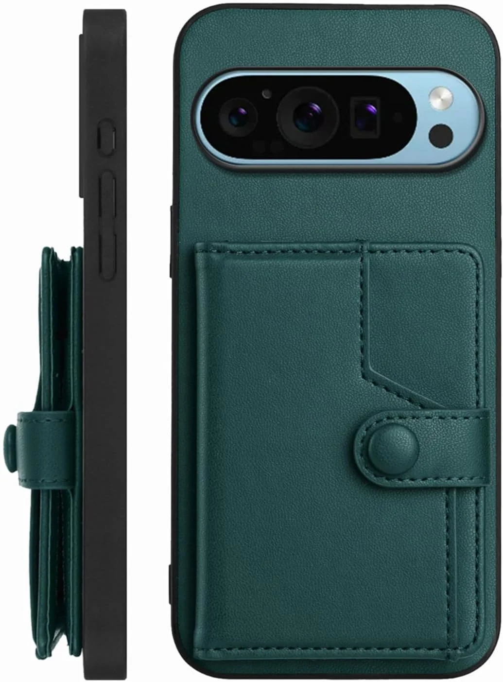 کیف محافظ گوشی گوگل پیکسل 9 پرو ایکس ال به همراه جای کارت، مسدود کننده RFID، پایه بادوام و قفل مغناطیسی، رنگ سبز مایل به سیاه