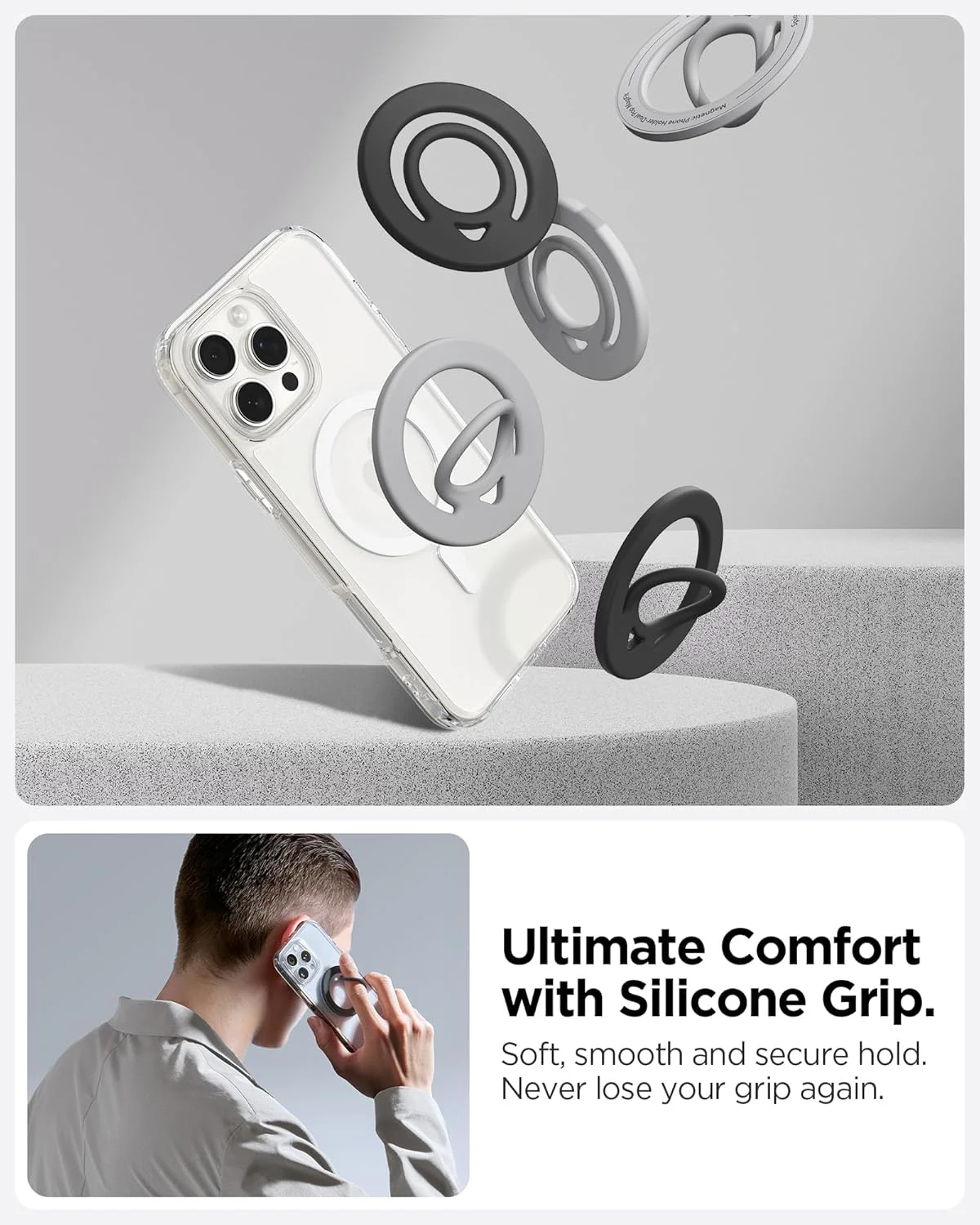 نگهدارنده گوشی Spigen Dual Pop MagFit با آهنربای دو طرفه و روکش سیلیکونی سازگار با MagSafe برای سری iPhone 17 Pro Max, 17 Pro, 17, iPhone Air, 16, 15, 14, 13, 12 - مشکی