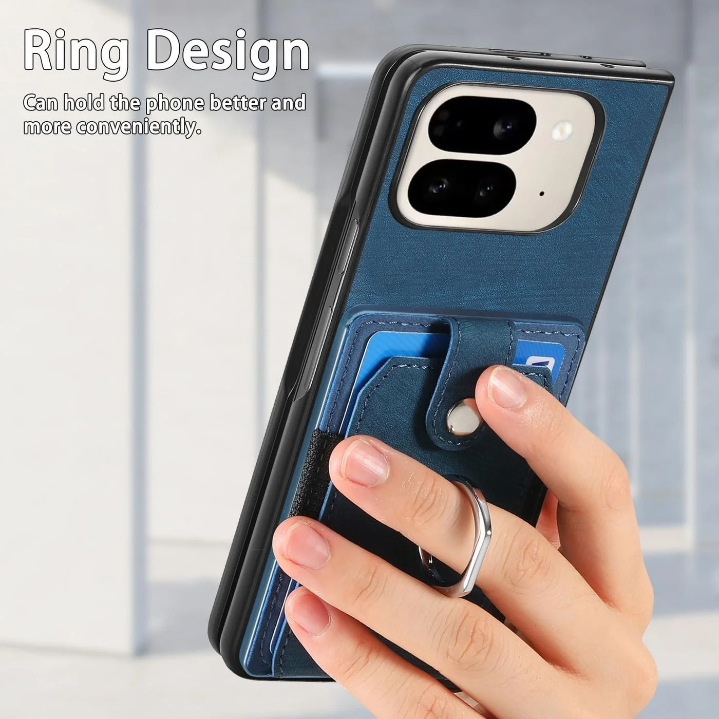 کیف پول گوشی گوگل پیکسل 9 پرو فولد، ضد ضربه با جای کارت، استند انگشتی، روکش چرمی PU، سپر TPU انعطاف پذیر، پایه نگهدارنده، پوشش محافظ ضد افتادن، آبی