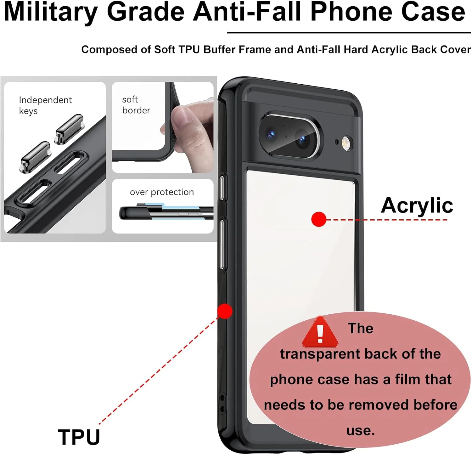 کاور شفاف KIZOACSH برای گوگل پیکسل 8، TPU نرم + پشت کریستالی اکریلیک سخت شفاف، جذب شوک، محافظ سپر مقاوم، پوشش تلفن با 3 محافظ صفحه نمایش شیشه ای تمپرد