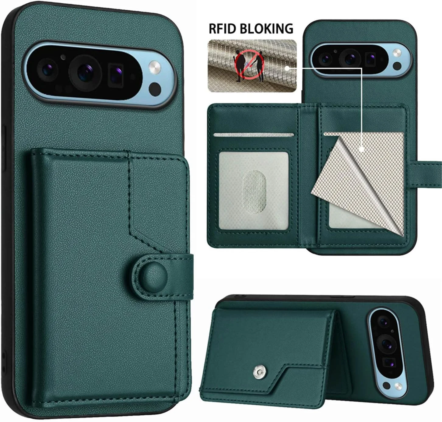 کیف محافظ گوشی گوگل پیکسل 9 پرو ایکس ال به همراه جای کارت، مسدود کننده RFID، پایه بادوام و قفل مغناطیسی، رنگ سبز مایل به سیاه