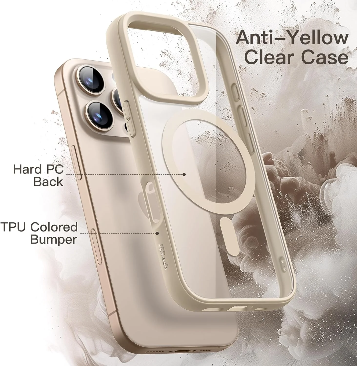 کاور مگ سیف JETech مناسب برای آیفون 16 پرو مکس 6.9 اینچی، کاور ضربه گیر گوشی، فریم TPU مات رنگ ثابت، پشت شفاف ضد خش (تیتانیوم صحرایی)