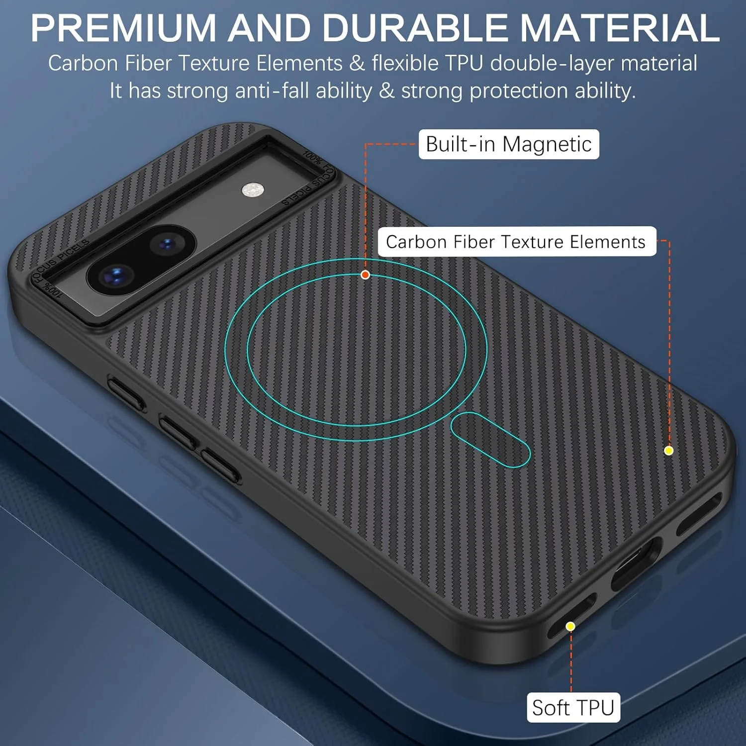 کاور محافظ گوشی گوگل پیکسل 8a مدل DOMAVER، مغناطیسی [سازگار با MagSafe]، فریم لنز فلزی فیبر کربنی + دکمه ها، پشتیبانی از شارژ بی سیم، باریک، ضد ضربه، مشکی