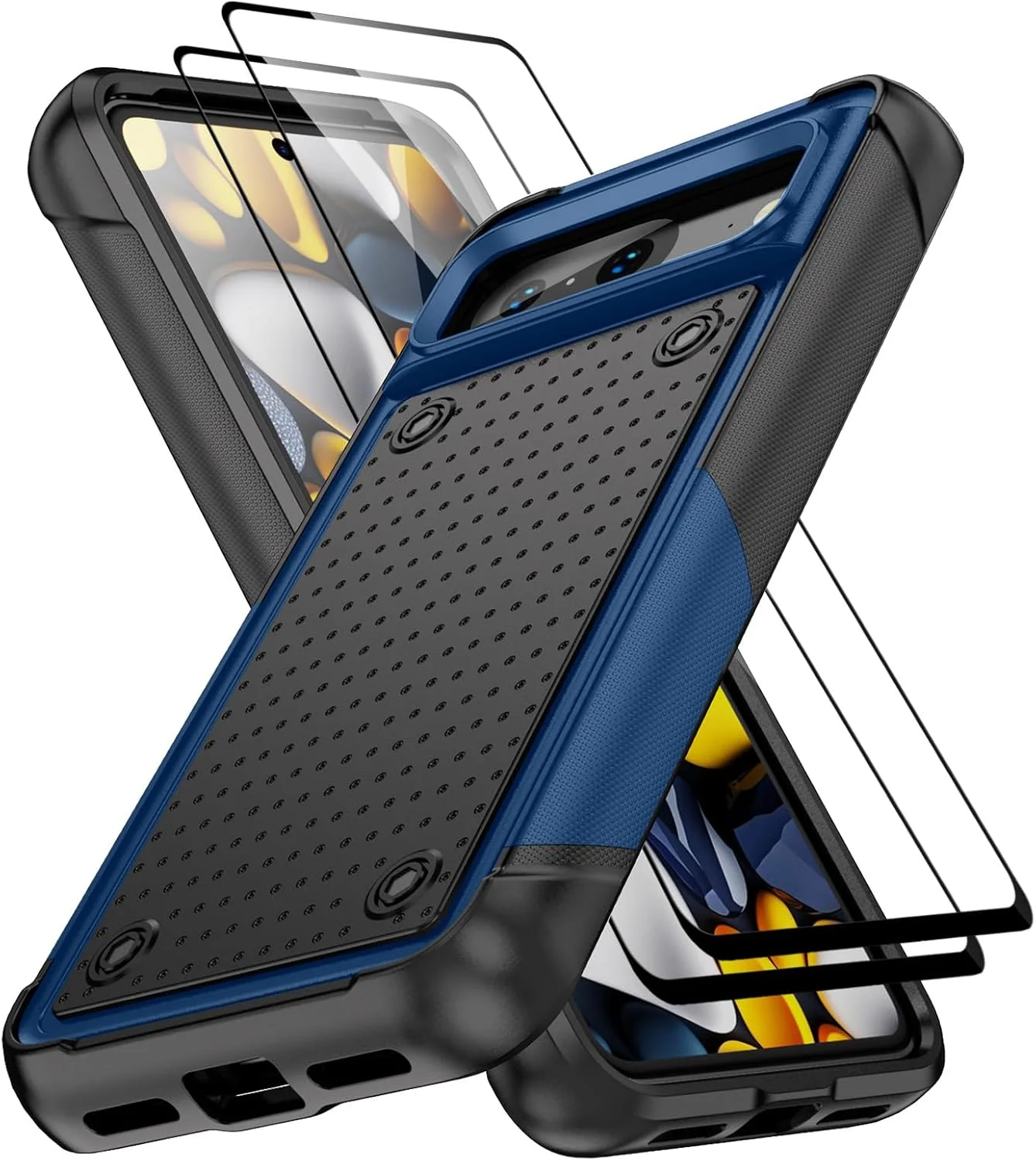 قاب گوشی Jeylly Google Pixel 8 به همراه [2 عدد محافظ صفحه نمایش شیشه ای حرارت دیده] مقاوم در برابر ضربه، کامپیوتر سخت و ضربه گیر TPU نرم، قاب محافظ گوشی برای Google Pixel 8، آبی