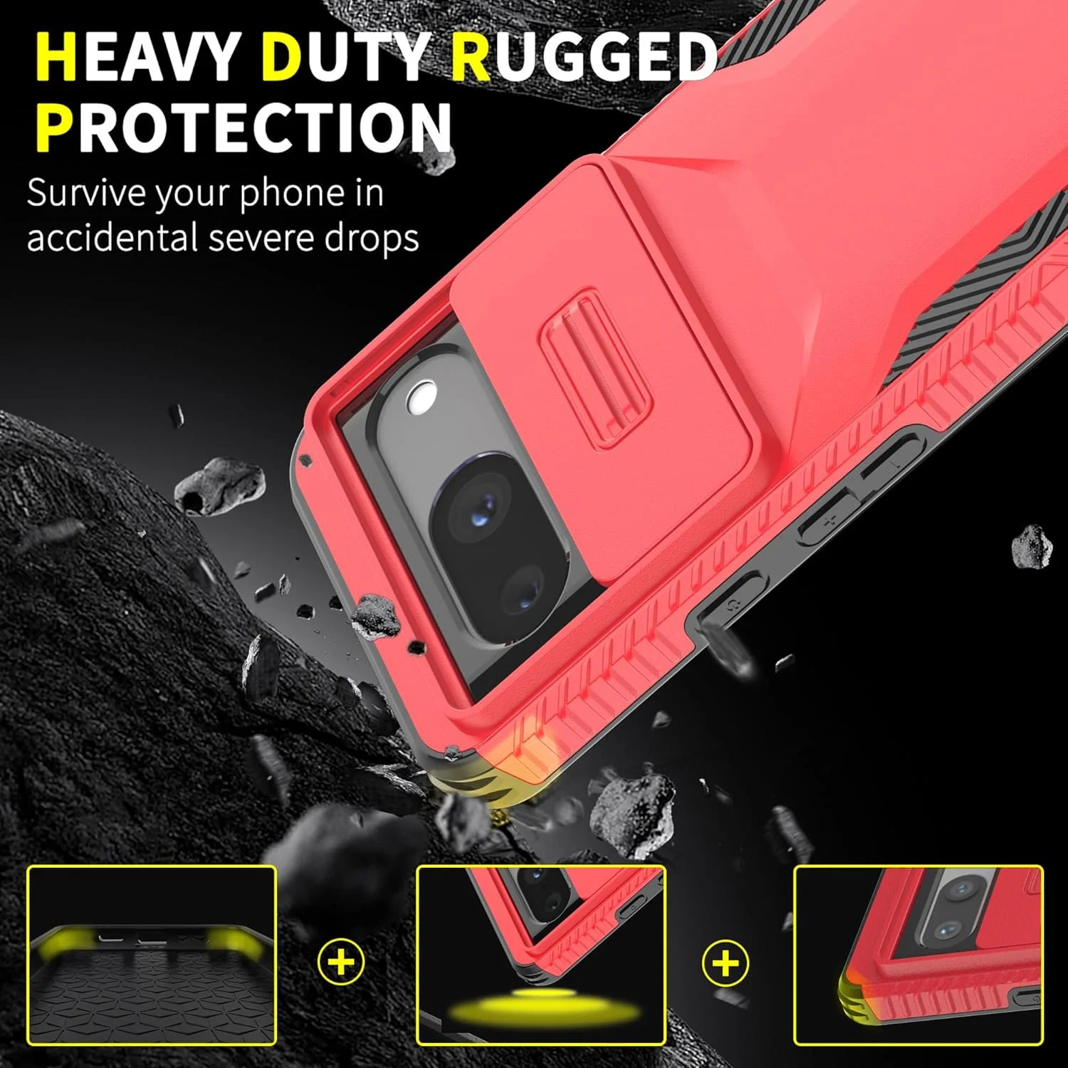 قاب محافظ گوشی گوگل پیکسل 8A 5G مدل AWZHYDT با پوشش کشویی دوربین و محافظ صفحه نمایش، [2 در 1] مقاوم در برابر ضربه و محافظت سنگین (قرمز)