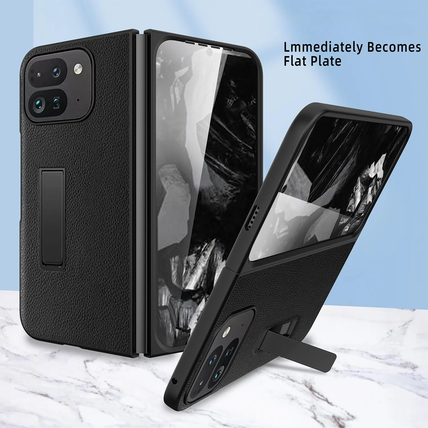 کاور محافظ چرمی طرح چرم دانه درشت Gruattreay سازگار با گوشی Google Pixel 9 Pro Fold، دارای پایه نگهدارنده نامرئی قابل حمل و قابل تنظیم در زوایای مختلف (مشکی)