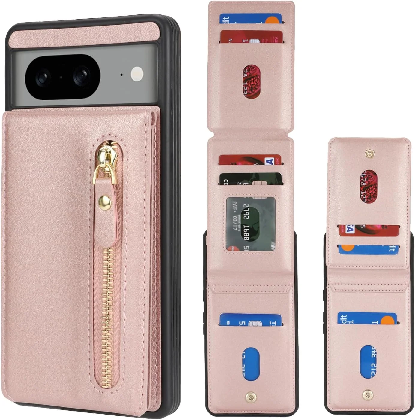 کیف پول چرمی DEYHU مناسب برای گوشی گوگل پیکسل 8، دارای جای کارت اعتباری، استند انگشتی حلقه ای، ضد ضربه و باریک - رزگلد