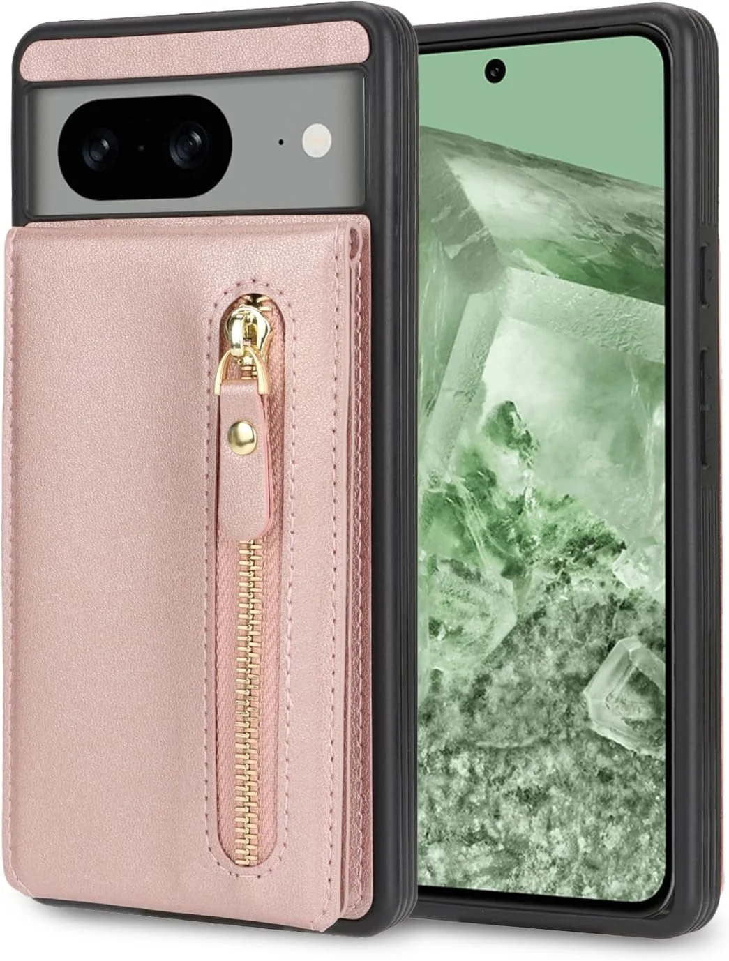 کیف پول چرمی DEYHU مناسب برای گوشی گوگل پیکسل 8، دارای جای کارت اعتباری، استند انگشتی حلقه ای، ضد ضربه و باریک - رزگلد