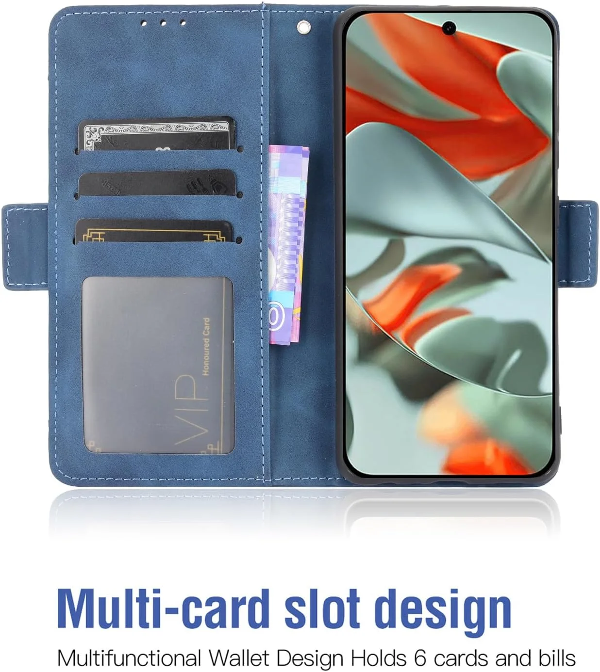 کیف پول چرمی سازگار با گوگل پیکسل 9 پرو ایکس ال به همراه محافظ صفحه نمایش شیشه ای حرارت دیده، دارای جای کارت، پایه تاشو، لوازم جانبی تلفن همراه مناسب برای پیکسل 9، 9 پرو، 9 پرو ایکس ال، نه، آبی رنگ، زنانه و مردانه