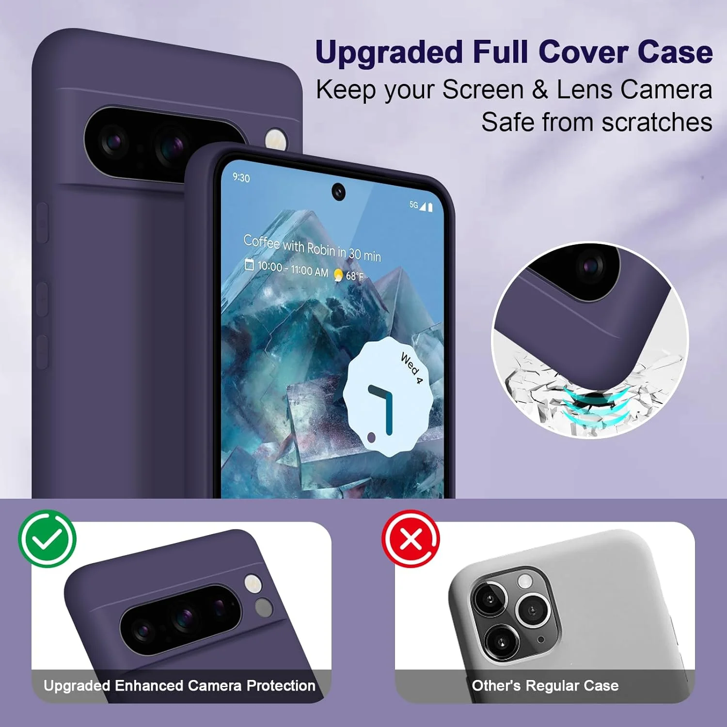 قاب سیلیکونی Btstring برای گوگل پیکسل 8 پرو، قاب سیلیکونی نرم با محافظت ارتقا یافته دوربین، قاب باریک ضد ضربه با پوشش داخلی میکروفیبر ضد خش، بنفش تیره