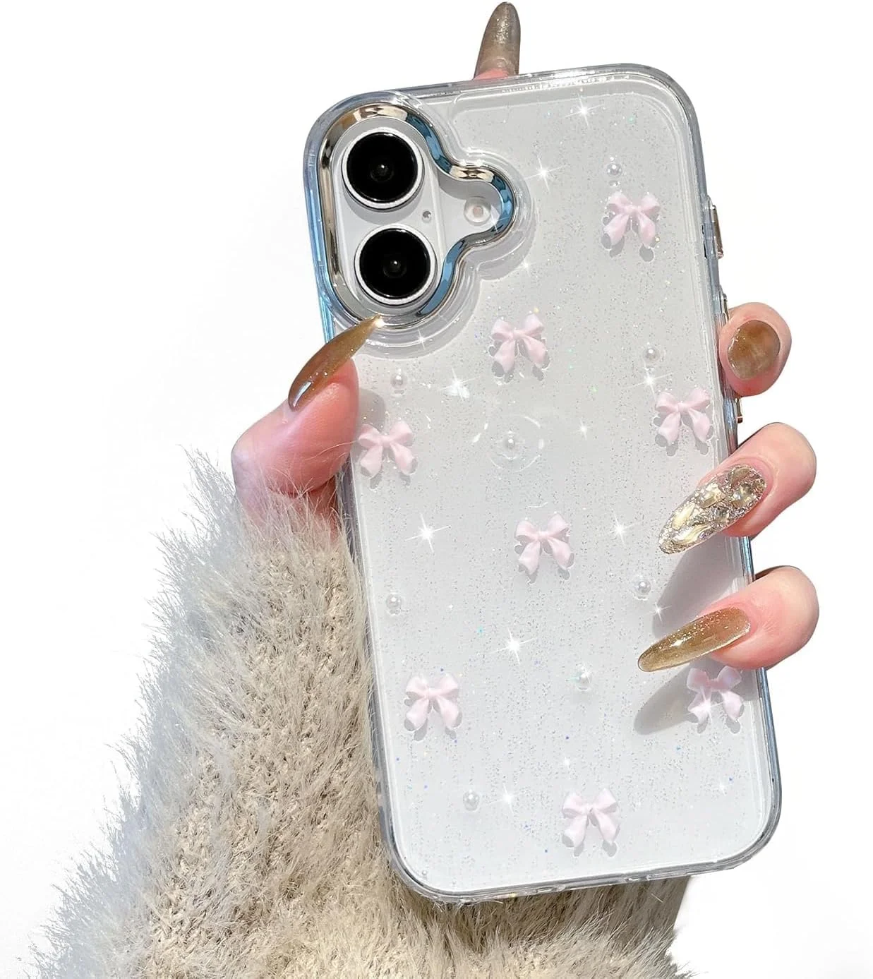 کاور گوشی آیفون 16، کاور طرح پاپیون سه بعدی اکلیلی، طراحی زیبا و درخشان کریستالی، کاور محافظ نرم و بادوام و شفاف برای دختران و بانوان - (پاپیون صورتی)