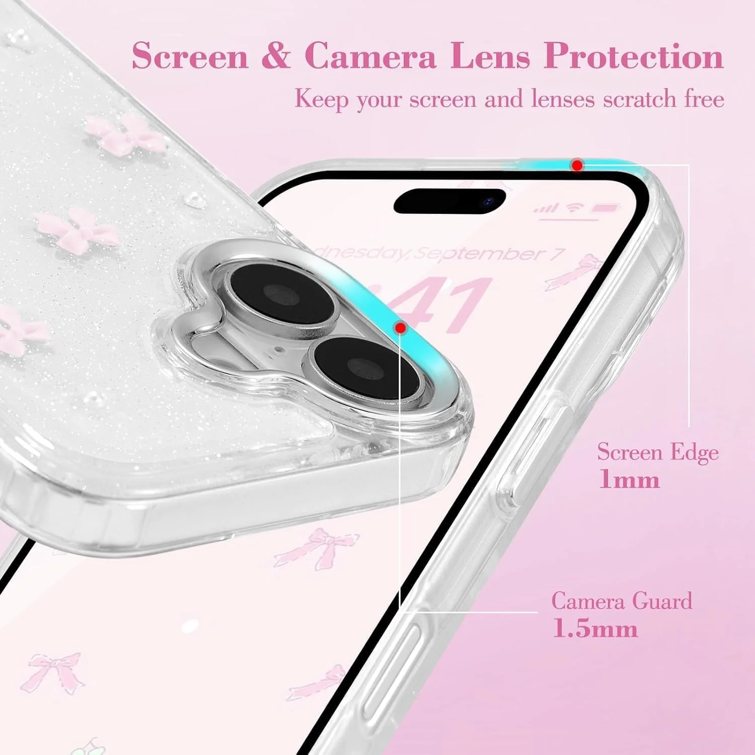 کاور گوشی آیفون 16، کاور طرح پاپیون سه بعدی اکلیلی، طراحی زیبا و درخشان کریستالی، کاور محافظ نرم و بادوام و شفاف برای دختران و بانوان - (پاپیون صورتی)