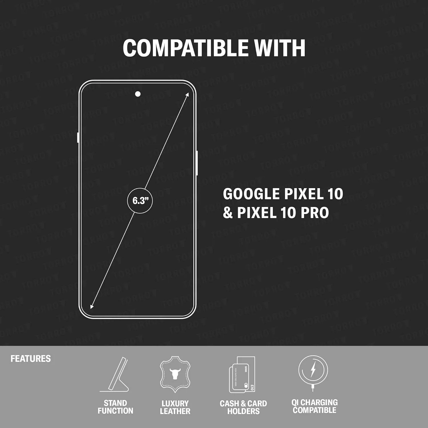 کیف چرمی TORRO سازگار با گوگل پیکسل 10 / پیکسل 10 پرو 6.3 اینچ (2025) - کیف پول چرمی ممتاز با پایه و جای کارت (مشکی با جزئیات قرمز)
