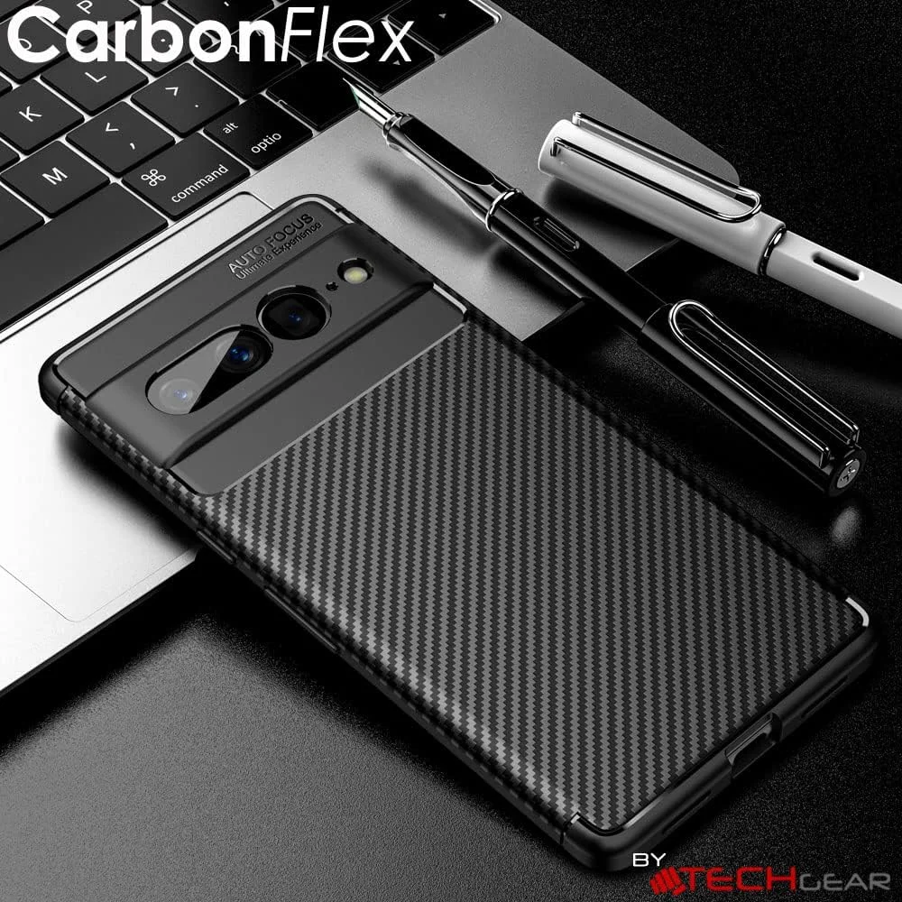 کاور محافظ کربن فلکس TECHGEAR برای گوگل پیکسل 7 پرو، کاور نرم، انعطاف پذیر و ضد ضربه TPU با طراحی فیبر کربن، فوق العاده نازک و سازگار با گوگل پیکسل 7 پرو - مشکی