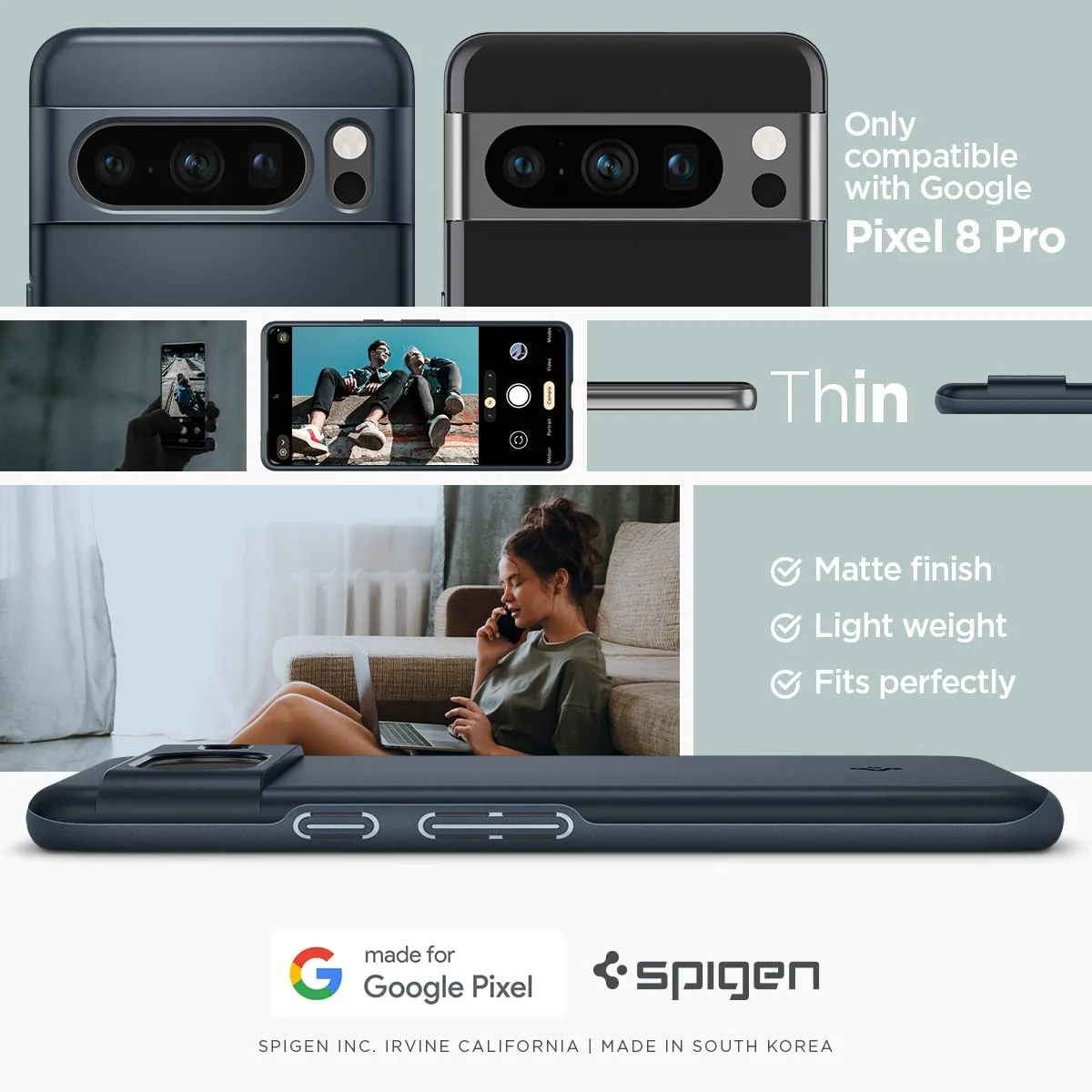 کاور محافظ باریک Spigen Thin Fit طراحی شده برای Google Pixel 8 PRO - رنگ Metal Slate