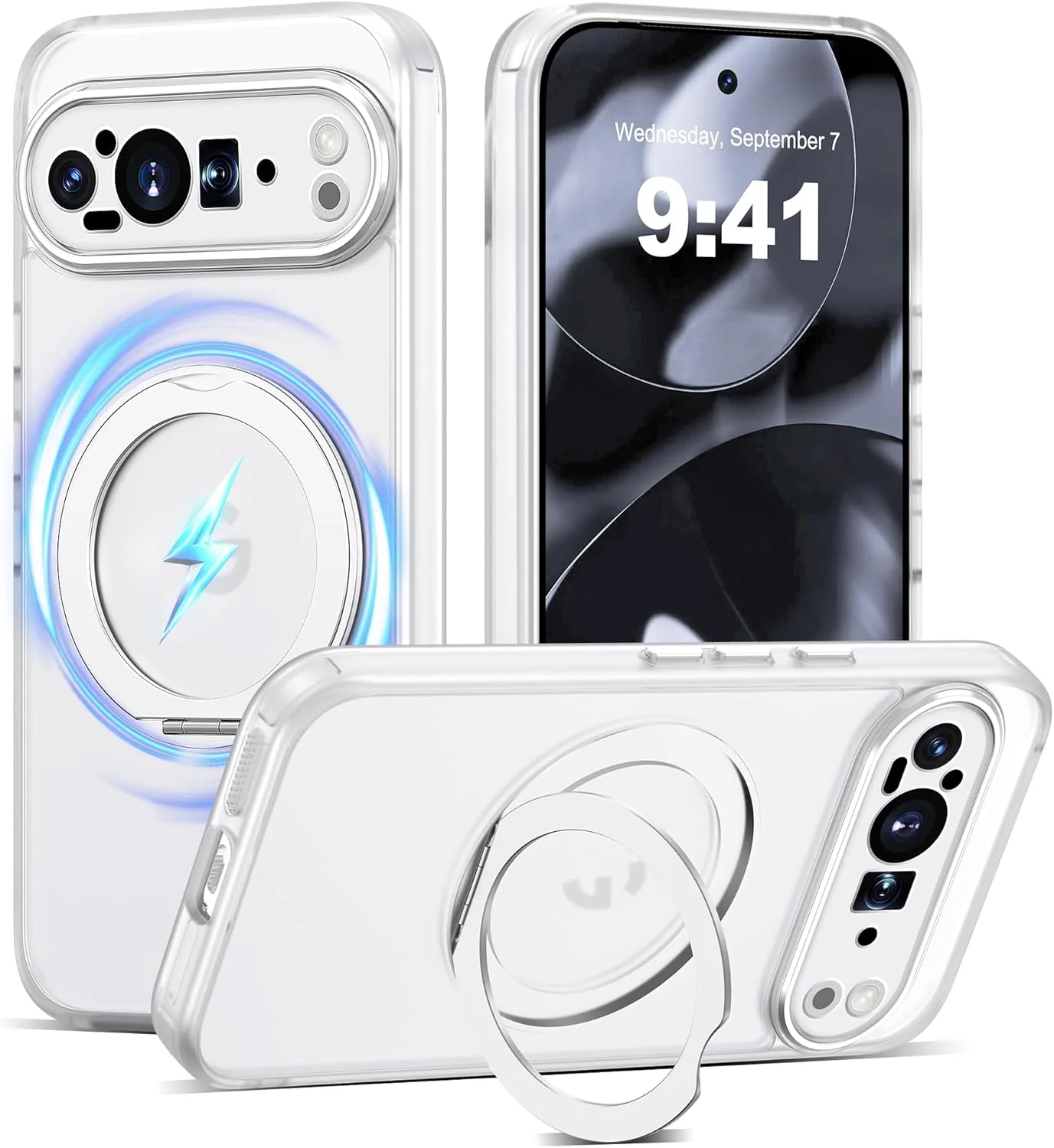 کاور محافظ گوشی گوگل پیکسل 9 پرو ایکس ال AmoraAqua با استند حلقه ای مغناطیسی 360 درجه [سازگار با Mag-Safe] [محافظ لنز دوربین] ضد ضربه، نیمه شفاف