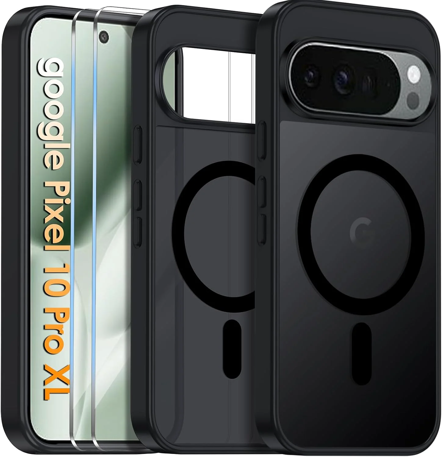 قاب مغناطیسی برای گوگل پیکسل 10 پرو ایکس ال به همراه 2 عدد محافظ صفحه نمایش، سازگار با مگ سیف، نیمه شفاف، ضد اثر انگشت، ضد خش، مقاوم در برابر ضربه، مشکی مات