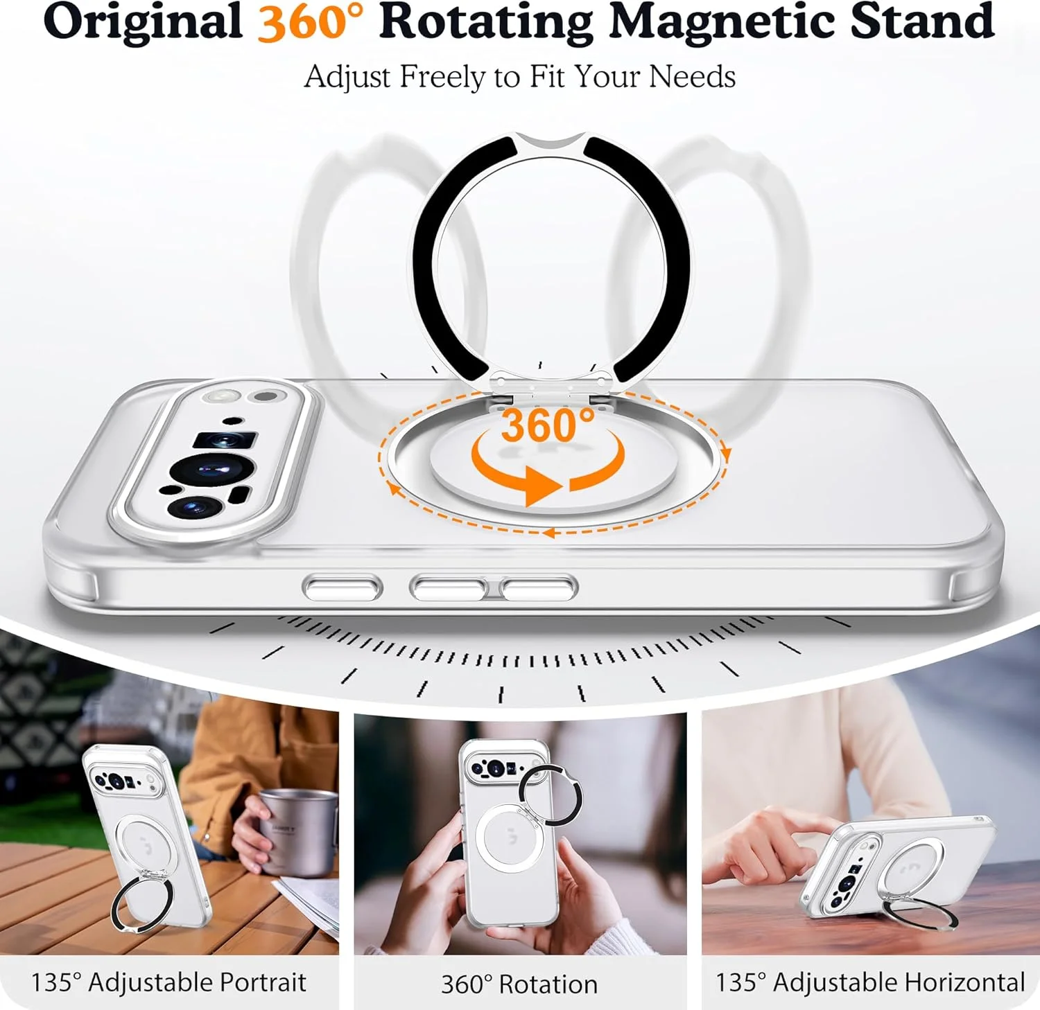 کاور محافظ گوشی گوگل پیکسل 9 پرو ایکس ال AmoraAqua با استند حلقه ای مغناطیسی 360 درجه [سازگار با Mag-Safe] [محافظ لنز دوربین] ضد ضربه، نیمه شفاف