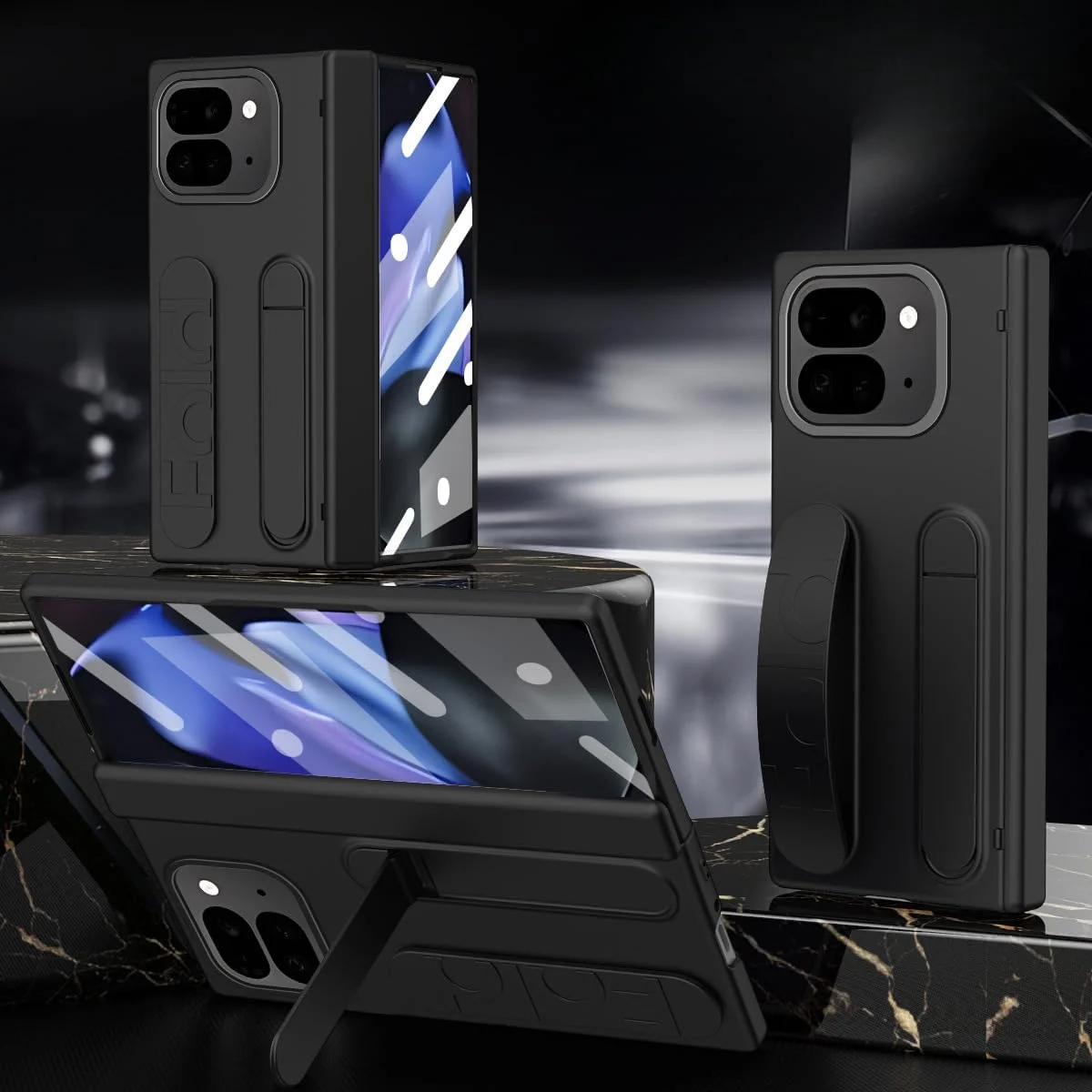 قاب محافظ کامل گوشی گوگل پیکسل 9 پرو فولد به همراه محافظ صفحه نمایش، محافظ لولا، پایه نگهدارنده و بند مچی (مشکی)