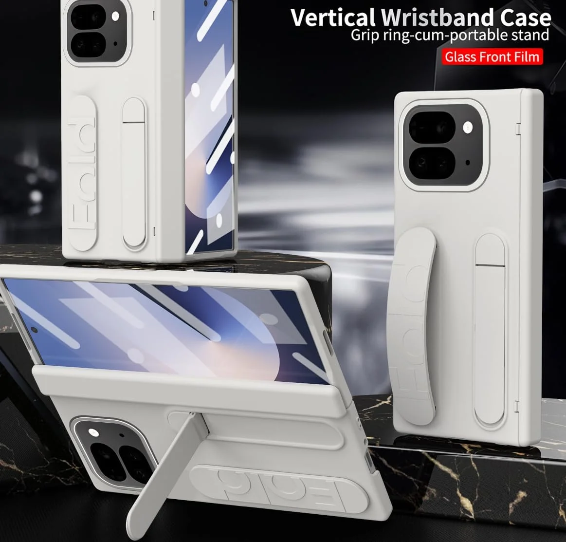 قاب محافظ کامل گوشی گوگل پیکسل 9 پرو فولد به همراه محافظ صفحه نمایش، محافظ لولا، پایه نگهدارنده و بند مچی (مشکی)