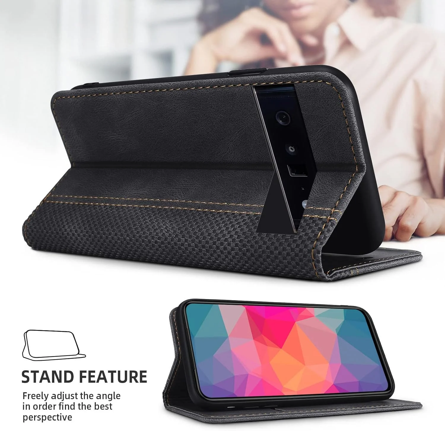 کیف چرمی پریمیوم AKABEILA برای Google Pixel 7A با قفل مغناطیسی، استند و جای کارت، کاور ضد ضربه - مشکی