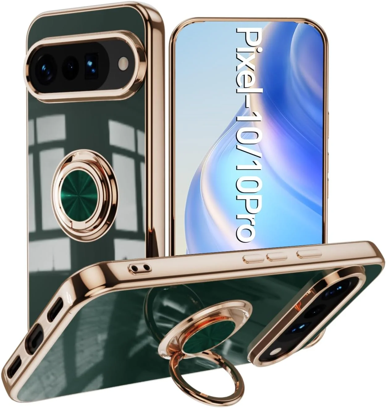 کاور محافظ گوشی شیاومی XINYEXIN مناسب برای گوگل پیکسل 10 پرو/پیکسل 10 به همراه حلقه نگهدارنده چرخان 360 درجه، کاور سیلیکونی TPU نرم و ضد ضربه - سبز تیره