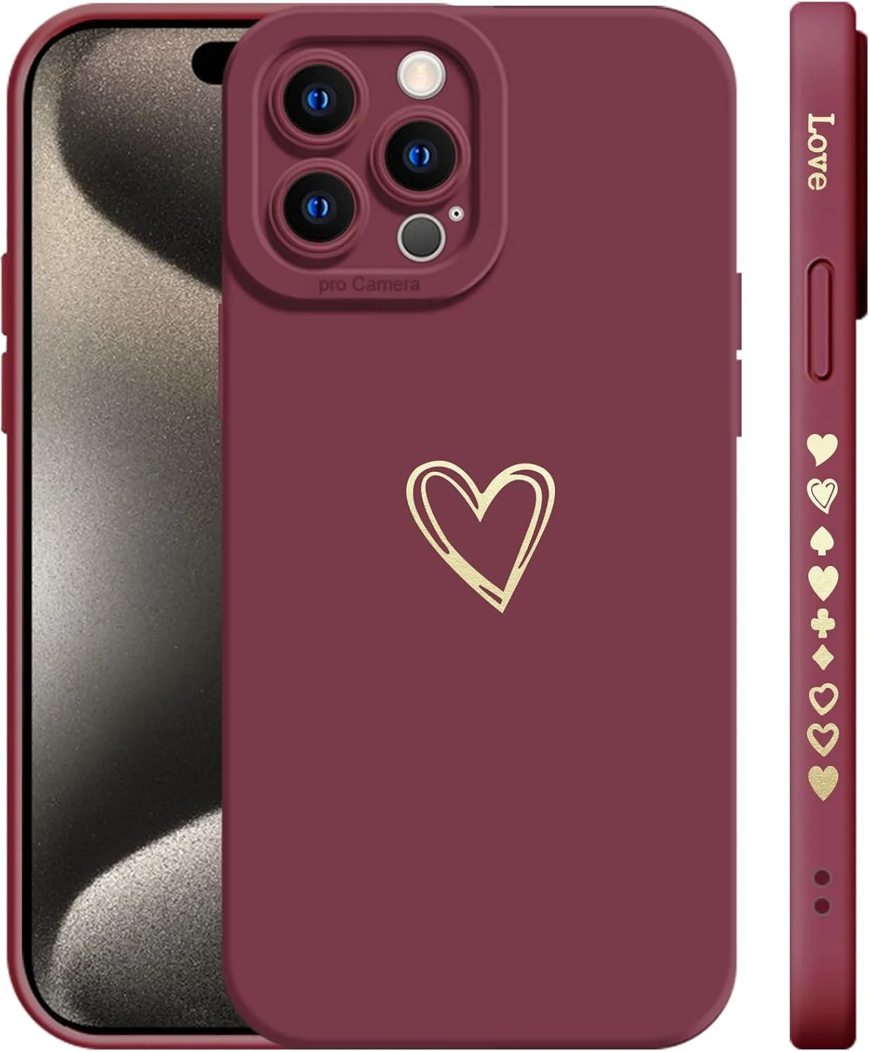 قاب محافظ گوشی آیفون 15 پرو مکس با طرح قلب طلایی لوکس، سیلیکون مایع نرم و ضد ضربه، مناسب برای دختران و بانوان، طرح قلب آبکاری شده زیبا و باریک (قرمز شرابی)