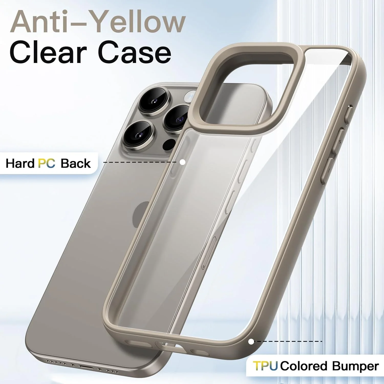 کاور محافظ گوشی JETech مناسب برای آیفون 15 پرو 6.1 اینچ، کاور ضربه گیر گوشی، فریم TPU مات رنگ ثابت، پشت شفاف ضد خش (تیتانیوم طبیعی)