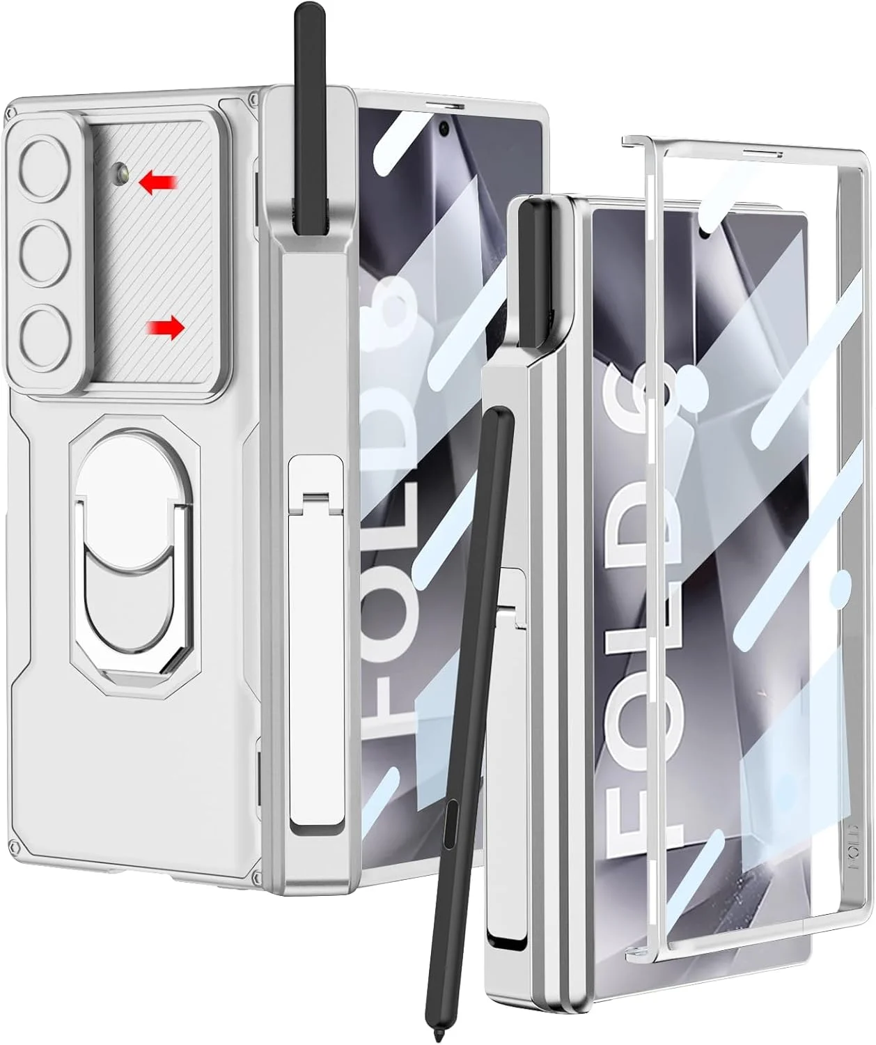 کاور محافظ سامسونگ گلکسی زد فولد 6 مدل KASTWAVE به همراه حلقه نگهدارنده، جای قلم S Pen، پایه استند، پوشش کشویی دوربین و محافظ صفحه نمایش - پوشش ضد ضربه کامل (نقره ای)