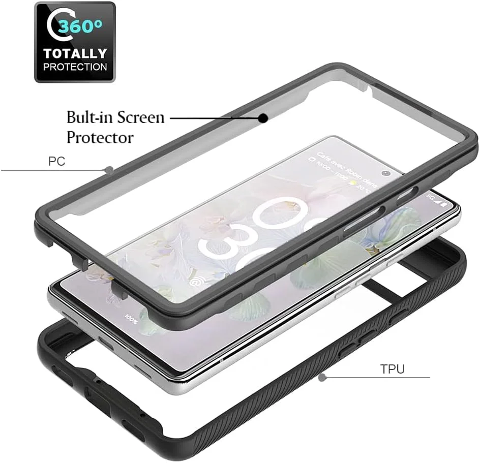 کاور محافظ گوشی گوگل پیکسل 6A 5G مدل Sawiqpd با محافظ صفحه نمایش داخلی، پوشش 360 درجه محافظتی کامل، ضد خش، ضد ضربه، بامپر سیلیکونی شفاف باریک مناسب گوشی گوگل پیکسل 6A، مشکی