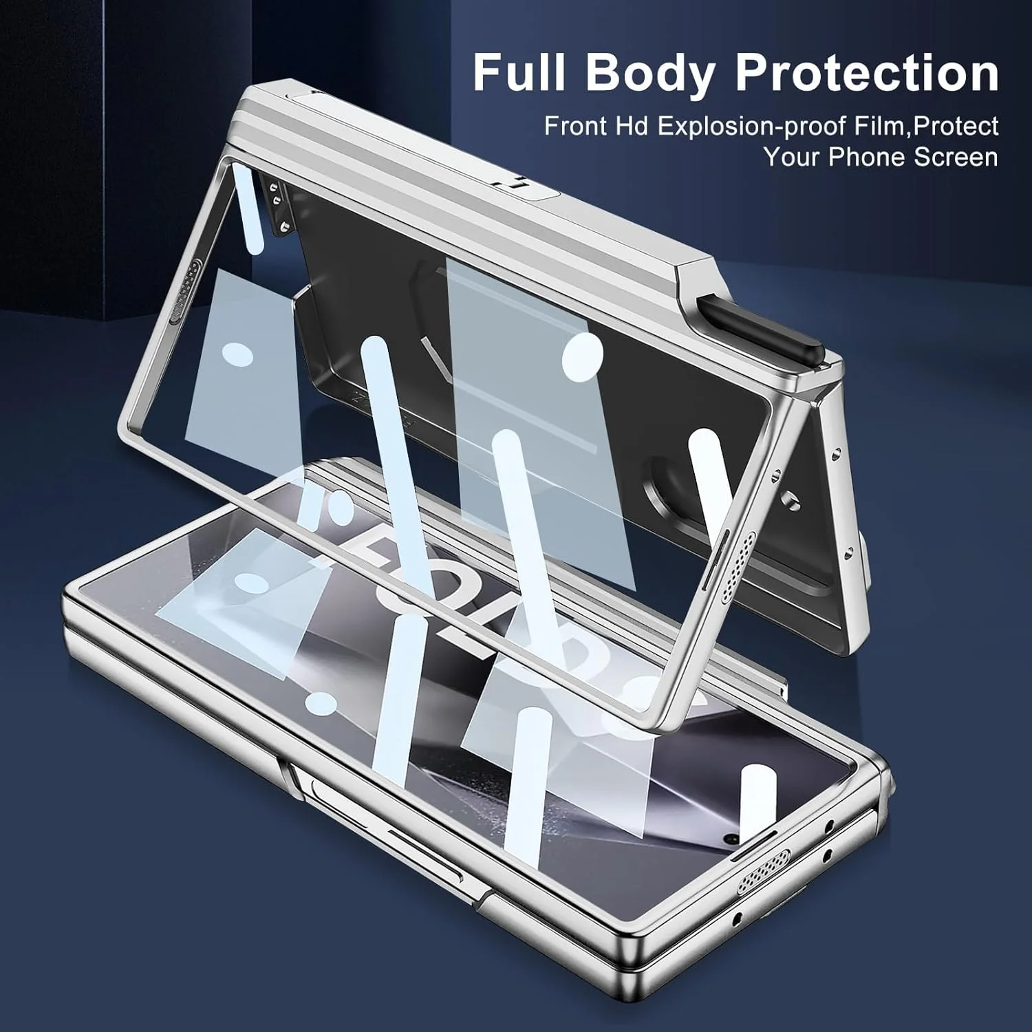 کاور محافظ سامسونگ گلکسی زد فولد 6 مدل KASTWAVE به همراه حلقه نگهدارنده، جای قلم S Pen، پایه استند، پوشش کشویی دوربین و محافظ صفحه نمایش - پوشش ضد ضربه کامل (نقره ای)