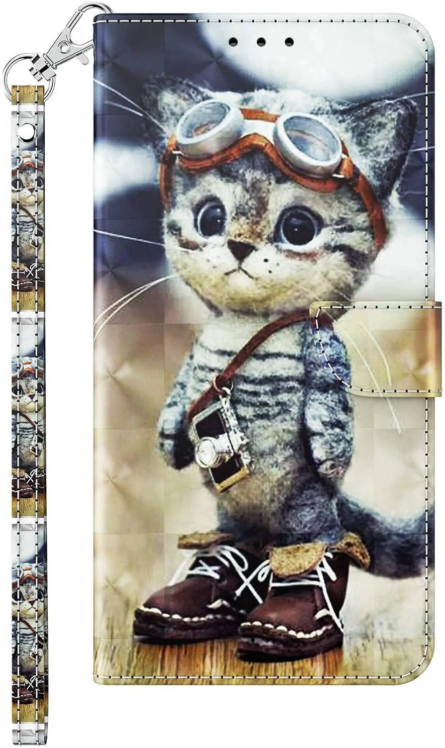 کیف پول چرمی سه بعدی Skyhewen برای گوشی گوگل پیکسل 8 پرو، کاور محافظ ضربه گیر مغناطیسی با اسلات کارت و پایه تاشو، طرح گربه بازیگوش
