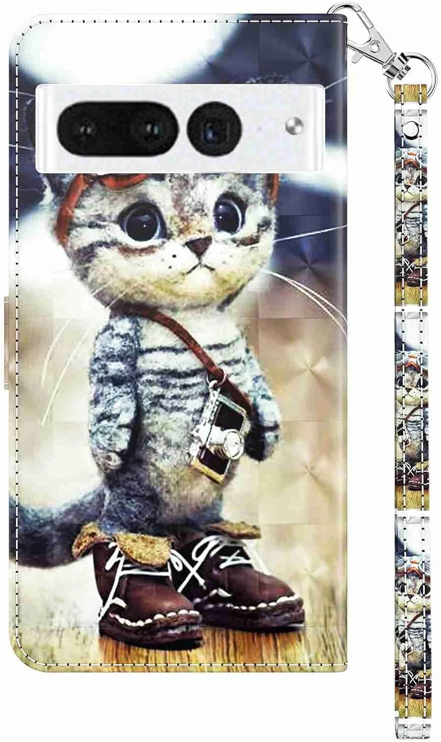 کیف پول چرمی سه بعدی Skyhewen برای گوشی گوگل پیکسل 8 پرو، کاور محافظ ضربه گیر مغناطیسی با اسلات کارت و پایه تاشو، طرح گربه بازیگوش