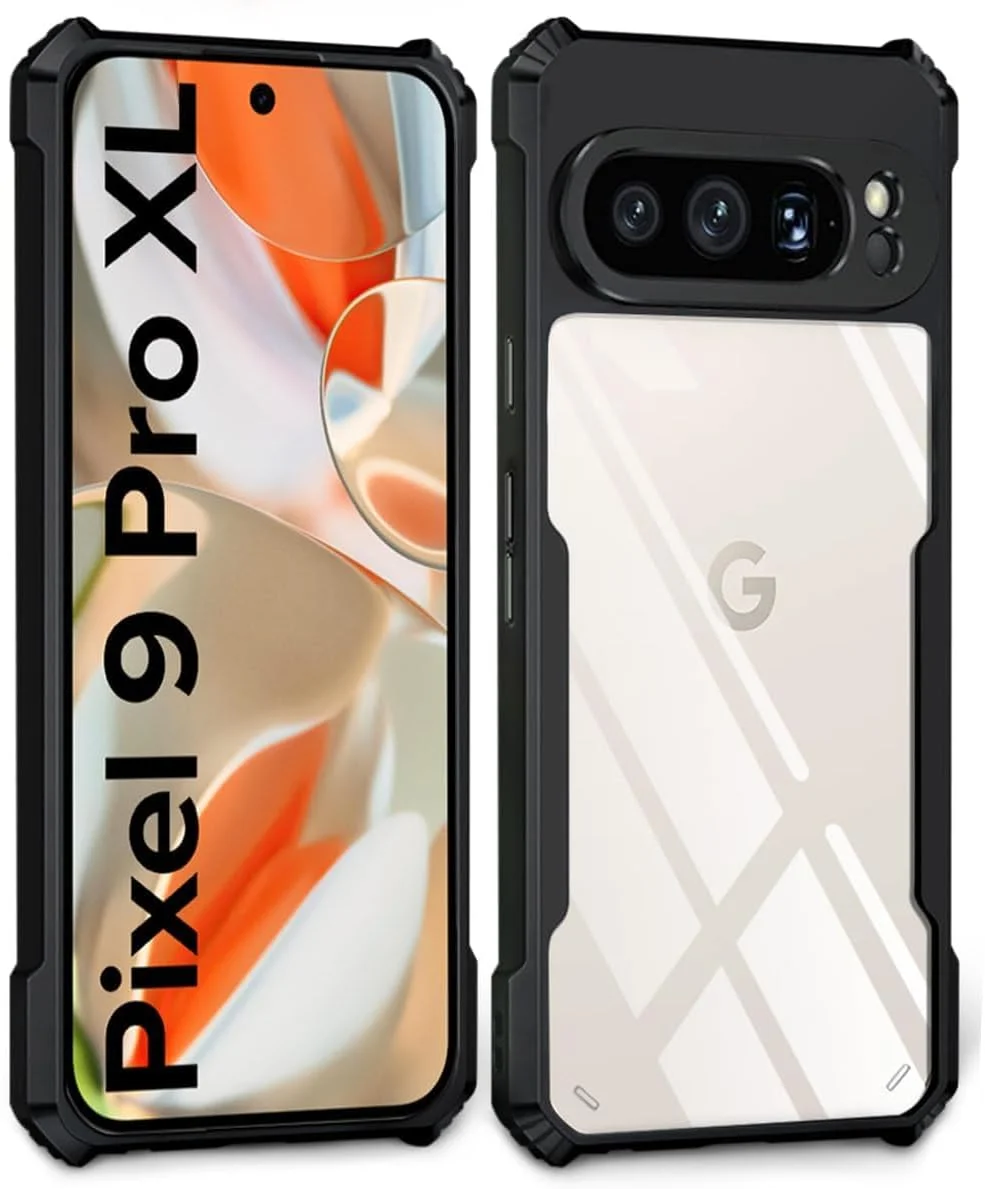 کاور ضد ضربه و محافظ 360 درجه گوشی گوگل پیکسل 9 پرو ایکس ال، طراحی محافظت از دوربین، پشت شفاف هایبرید، کاور بامپر مشکی مناسب گوگل پیکسل 9 پرو ایکس ال 2024