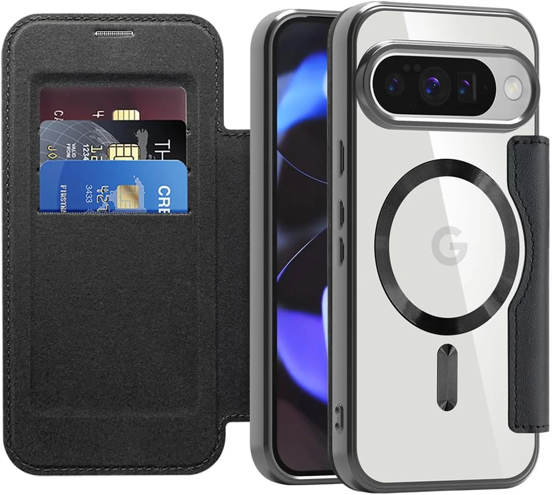 کیف مگنتی QIWEIQING برای گوگل پیکسل 10، کیف چرمی PU با قابلیت مسدودسازی RFID و جای کارت، کاور محافظ گوشی شفاف برای گوگل پیکسل 10، مشکی JDC