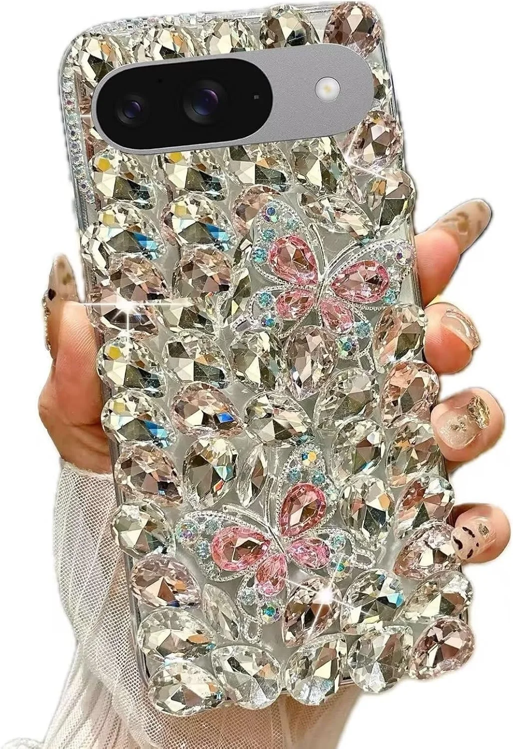 کاور گوشی نگین دار پروانه ای Miagon مناسب برای گوگل پیکسل 7، کاور پشتی درخشان و لوکس دست ساز سه بعدی با سنگ های کریستالی و بدلیجات براق مناسب بانوان و دختران