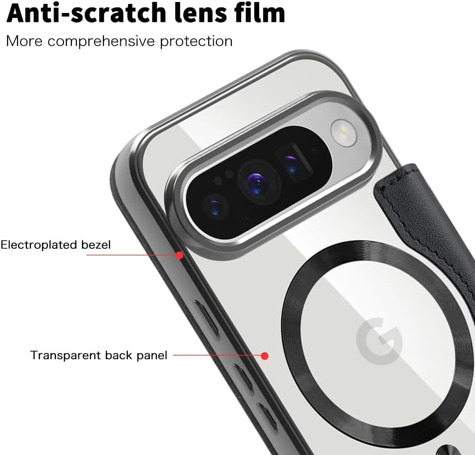 کیف مگنتی QIWEIQING برای گوگل پیکسل 10، کیف چرمی PU با قابلیت مسدودسازی RFID و جای کارت، کاور محافظ گوشی شفاف برای گوگل پیکسل 10، مشکی JDC