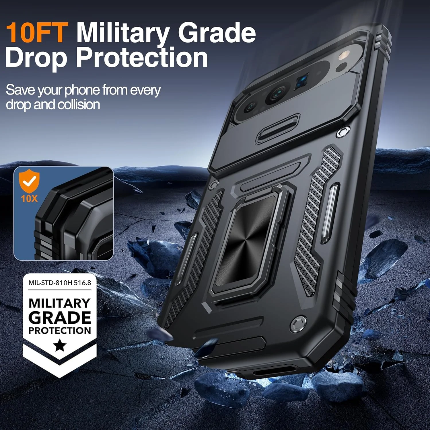 قاب محافظ گوشی ANTSHARE برای گوگل پیکسل 9 پرو XL - به همراه [1 محافظ صفحه نمایش 9H و محافظ کشویی دوربین] پایه چرخان 360 درجه، ضد ضربه نظامی برای قاب گوشی پیکسل 9 پرو XL - مشکی