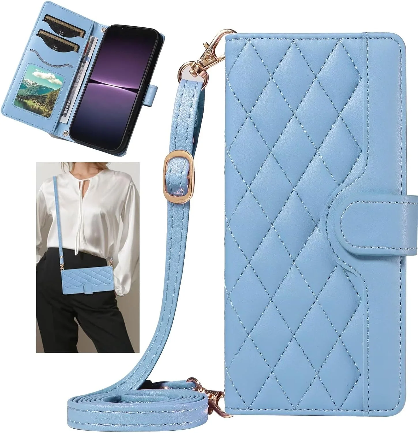 کیف پول چرمی گوشی موبایل گوگل پیکسل 8 پرو مدل Rnrieyta Miagon با بند دستی، جای کارت، قفل مغناطیسی و قابلیت استند