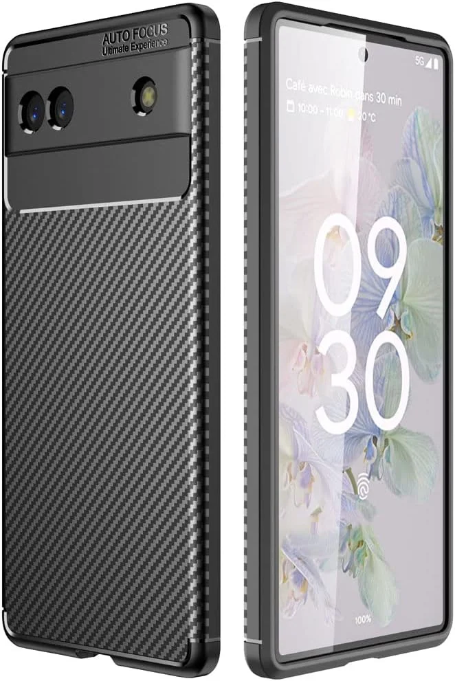 کاور محافظ گوشی گوگل پیکسل 6a مدل TECHGEAR CarbonFlex، کاور باریک و منعطف TPU ضد ضربه با طراحی فیبر کربن - مشکی