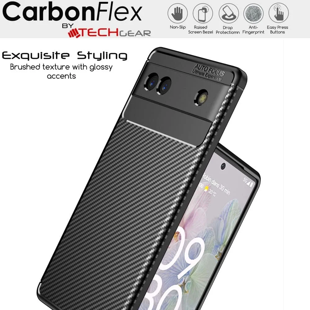 کاور محافظ گوشی گوگل پیکسل 6a مدل TECHGEAR CarbonFlex، کاور باریک و منعطف TPU ضد ضربه با طراحی فیبر کربن - مشکی