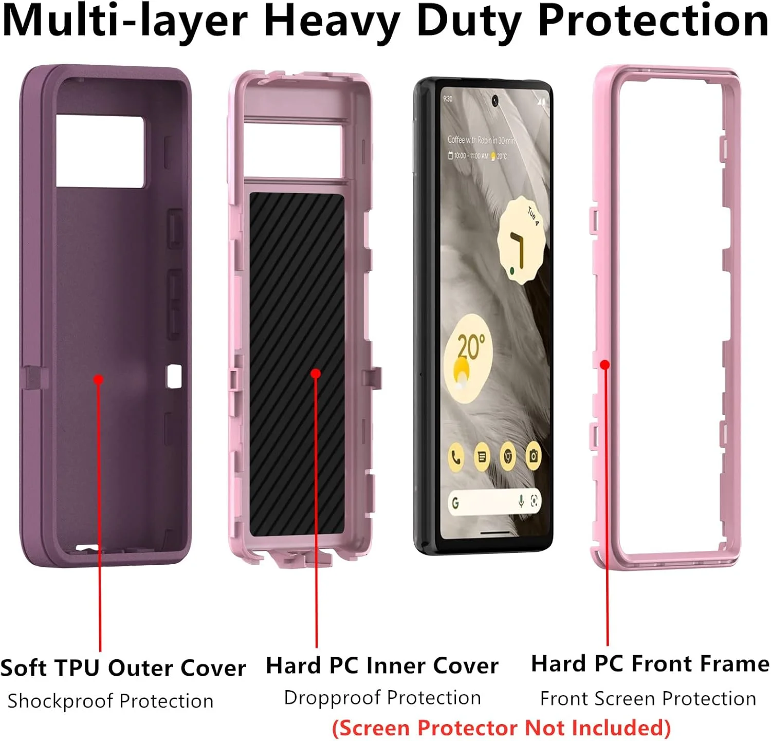 کاور محافظ گوشی گوگل پیکسل 7A مدل AZSXLG، کاور محافظ سه لایه ضد ضربه و ضد گرد و غبار از جنس TPU نرم و PC سخت (بنفش)