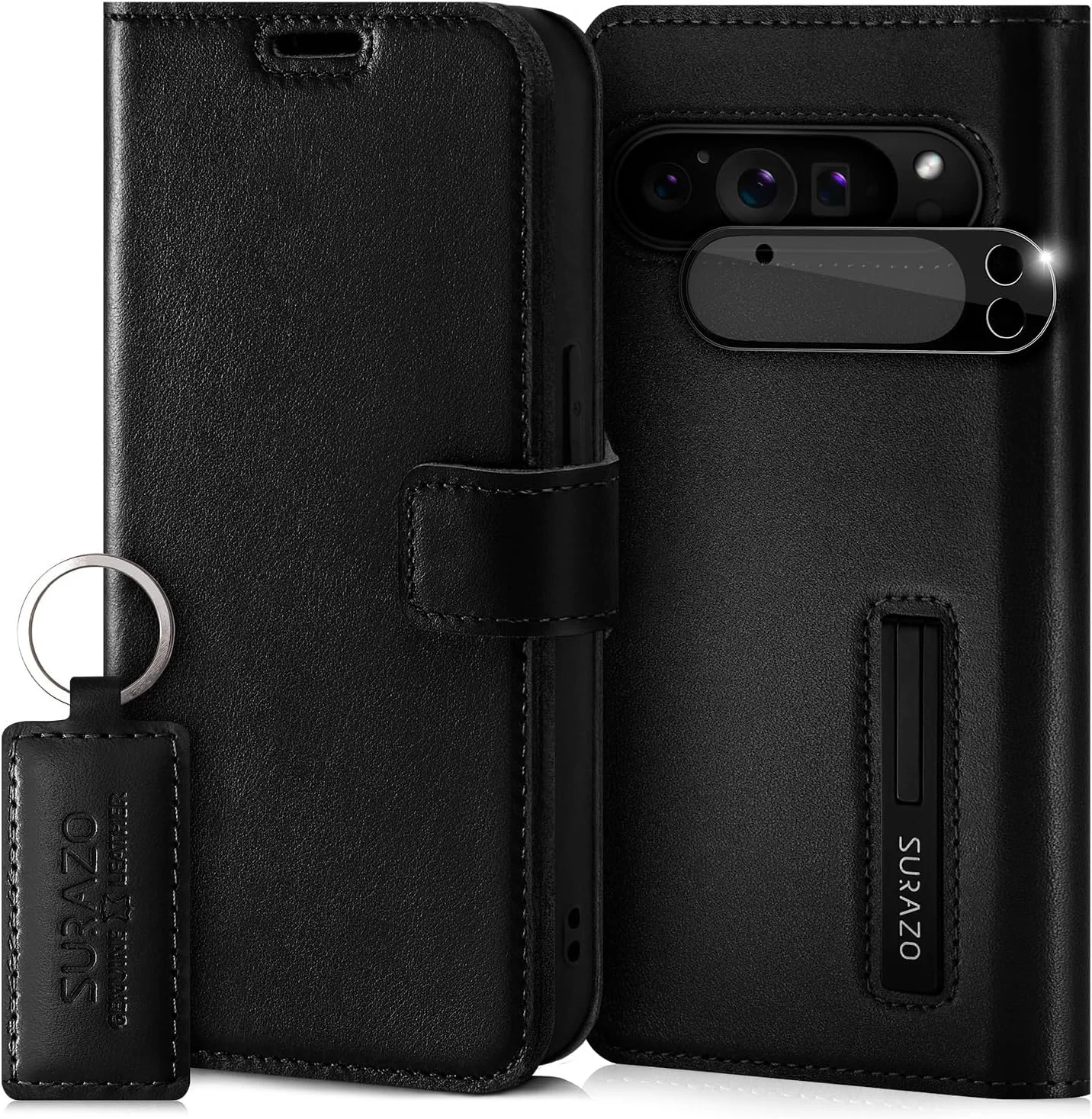 کیف چرمی تاشو گوشی موبایل سورازو برای گوگل پیکسل 9 پرو 5G - کیف محافظ با قفل مغناطیسی، محافظت RFID، 4 جای کارت، جاکلیدی و محافظت از دوربین - داکوتا مشکی