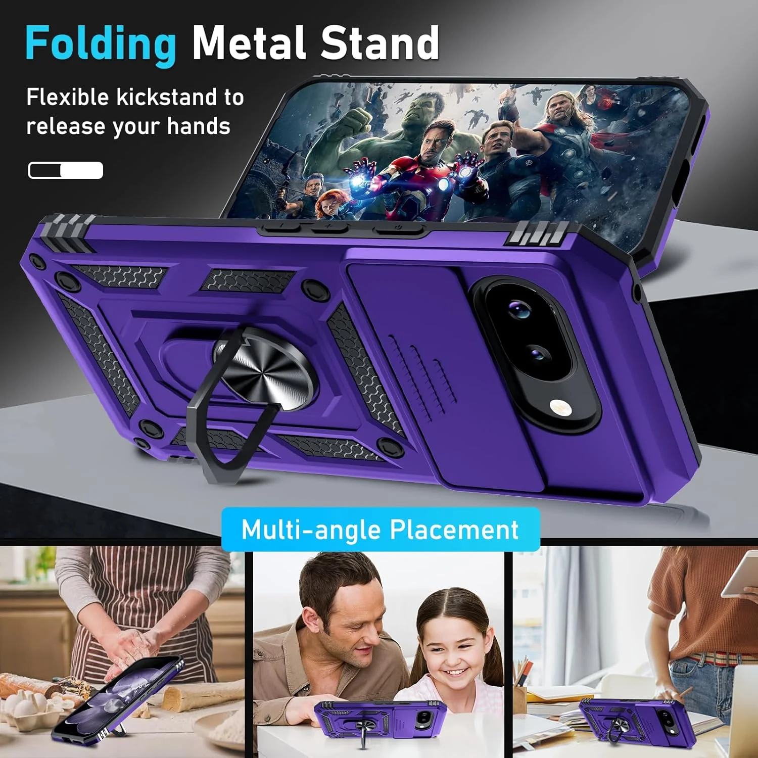 قاب محافظ جانمیتا سازگار با گوگل پیکسل 9A، دارای پوشش کشویی لنز دوربین، محافظ صفحه نمایش، حلقه انگشتی و پایه نگهدارنده، محافظت کامل و ضد ضربه، بنفش