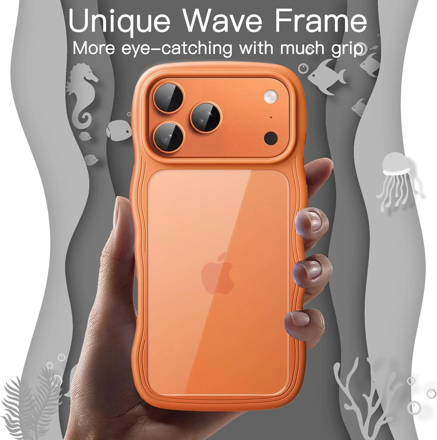 کاور موجی JETech برای آیفون 17 پرو مکس 6.9 اینچی، قاب موج‌دار زیبا، کاور ضد ضربه گوشی برای بانوان و دختران، پشت PC سخت شفاف (نارنجی)