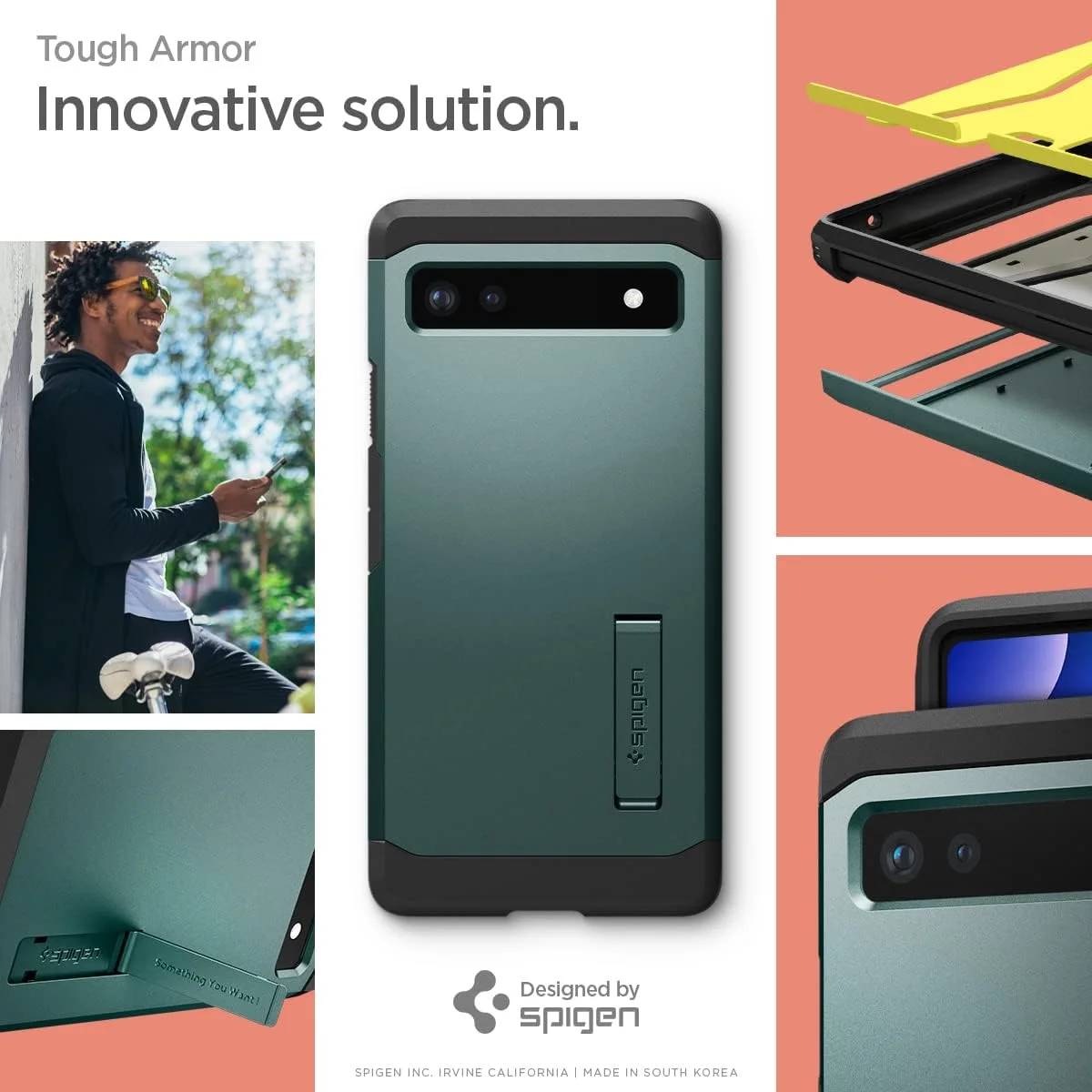 کاور محافظ سخت Spigen Tough Armor مناسب برای گوشی Google Pixel 6a (سال 2022) با فوم ضربه گیر قوی - سبز نیمه شب