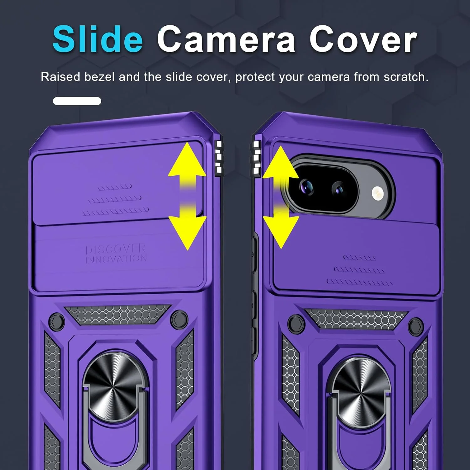 قاب محافظ جانمیتا سازگار با گوگل پیکسل 9A، دارای پوشش کشویی لنز دوربین، محافظ صفحه نمایش، حلقه انگشتی و پایه نگهدارنده، محافظت کامل و ضد ضربه، بنفش