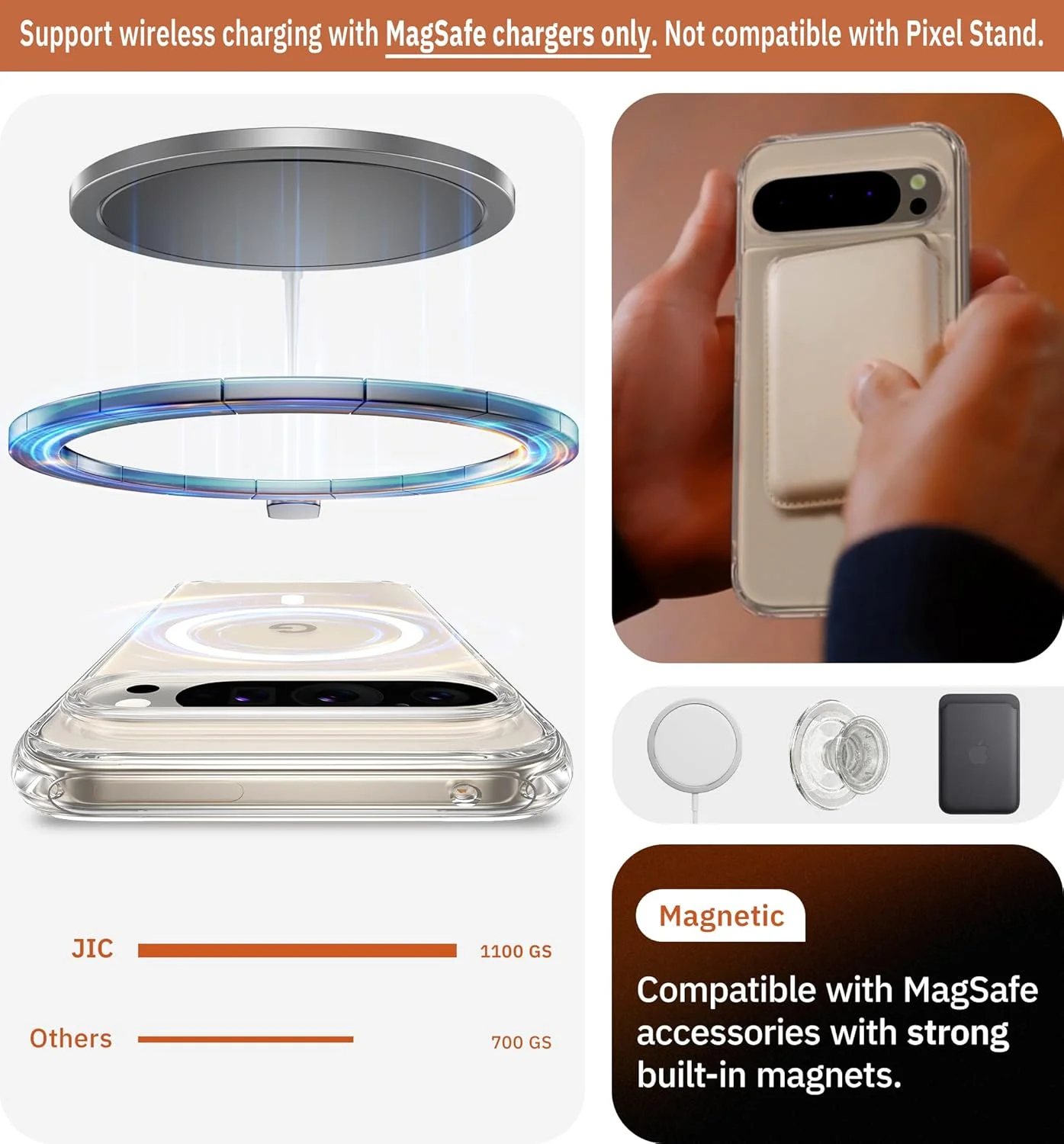 کاور محافظ گوشی JIC AirGuard-Mag مناسب برای پیکسل 9 و 9 پرو - کاور شفاف کریستالی [دارای آهنربای داخلی برای اتصال مگ‌سیف] - کاور محافظ گوشی با درجه نظامی [دارای گوشه‌های AirCushion]