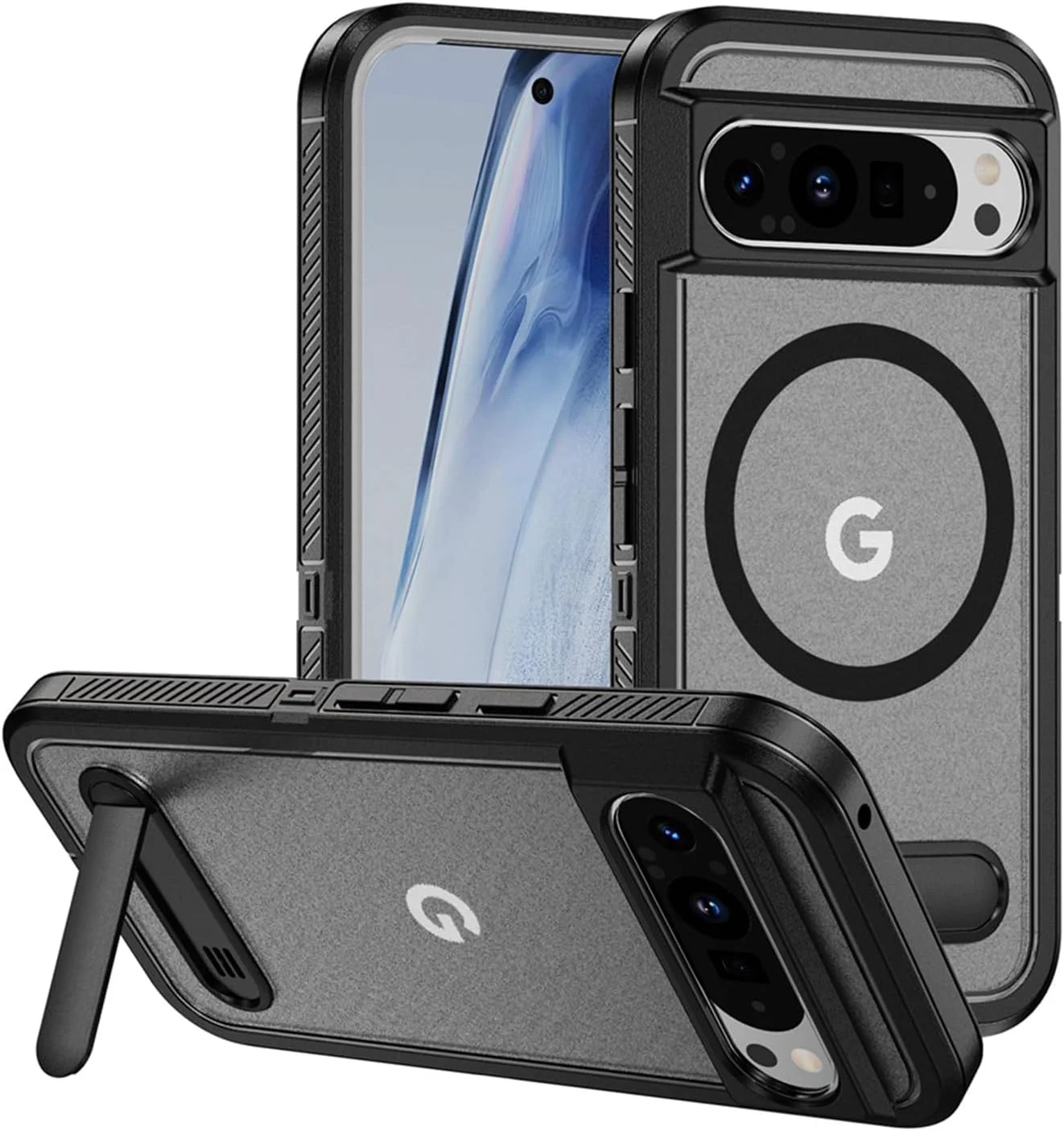 قاب محافظ مغناطیسی سازگار با گوگل پیکسل 9 پرو ایکس ال، [پایه نامرئی داخلی][پشتیبانی از شارژ بی‌سیم] [مقاوم در برابر ضربه در سطح نظامی] کاور مات و باریک گوشی، مشکی شفاف