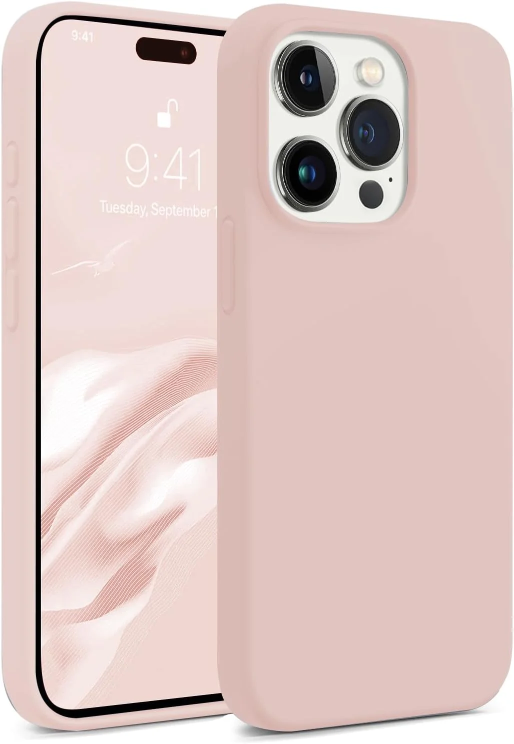 قاب سیلیکونی گوشی آیفون 15 پرو، با پوشش داخلی میکروفایبر نرم [پوشش کامل دوربین] ضد ضربه - رنگ ماسه ای صورتی